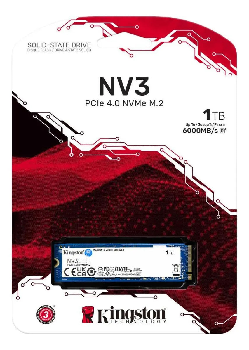 SSD 1TB KINGSTON NV3, M.2 2280, PCIE 4.0 NVME, LEITURA/GRAVAÇÃO: 6000/4000 MB/S, SNV3S/1000G